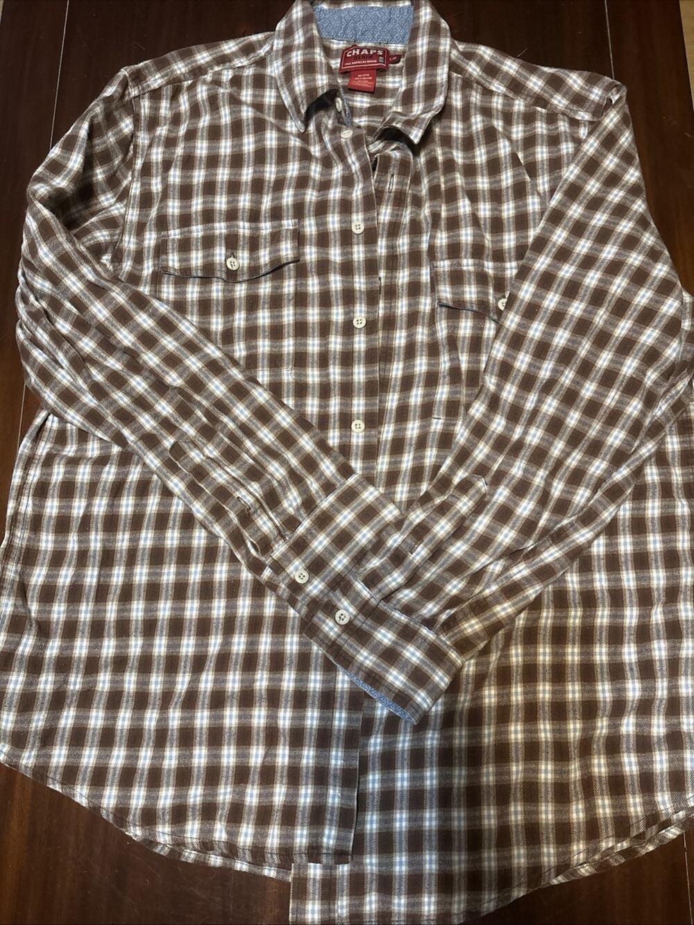 Chaps Denim Men's Brown/White/Blue Plaid Flannel Cotton Button-Up Pockets L/G